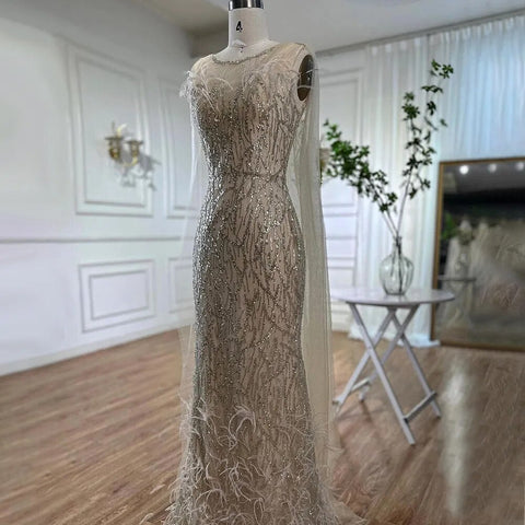 Beige Mermaid Shawl Yarn Sexy Beaded Feathers Luxury Dubai Evening Dresses Gowns  2025 For Women Party LA72142