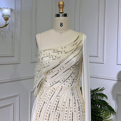 Beige One Shoulder Cape Sleeve Elegant Mermaid Beaded Luxury Evening Dresses Gowns 2025  For Woman Party LA71694
