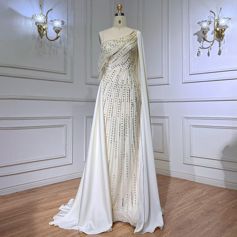 Beige One Shoulder Cape Sleeve Elegant Mermaid Beaded Luxury Evening Dresses Gowns 2025  For Woman Party LA71694