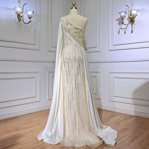 Beige One Shoulder Cape Sleeve Elegant Mermaid Beaded Luxury Evening Dresses Gowns 2025  For Woman Party LA71694