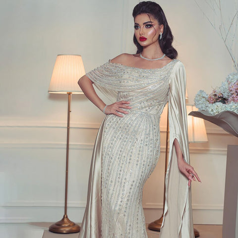 Beige One Shoulder Cape Sleeve Elegant Mermaid Beaded Luxury Evening Dresses Gowns 2025  For Woman Party LA71694