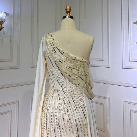 Beige One Shoulder Cape Sleeve Elegant Mermaid Beaded Luxury Evening Dresses Gowns 2025  For Woman Party LA71694