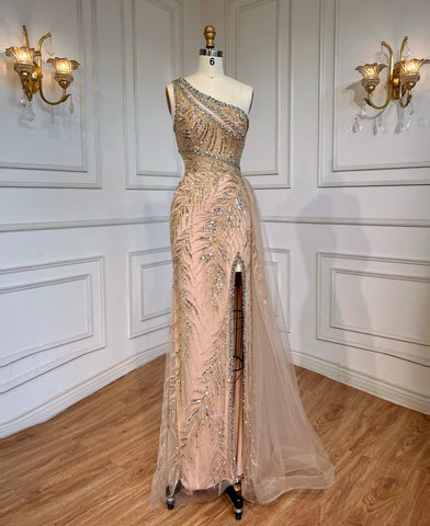 Beige Sexy High Split Elegant Evening Dresses Gowns Mermaid Beaded With Overskirt 2025 For Women Party LA71623