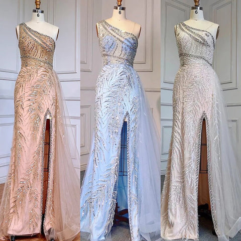 Beige Sexy High Split Elegant Evening Dresses Gowns Mermaid Beaded With Overskirt 2025 For Women Party LA71623