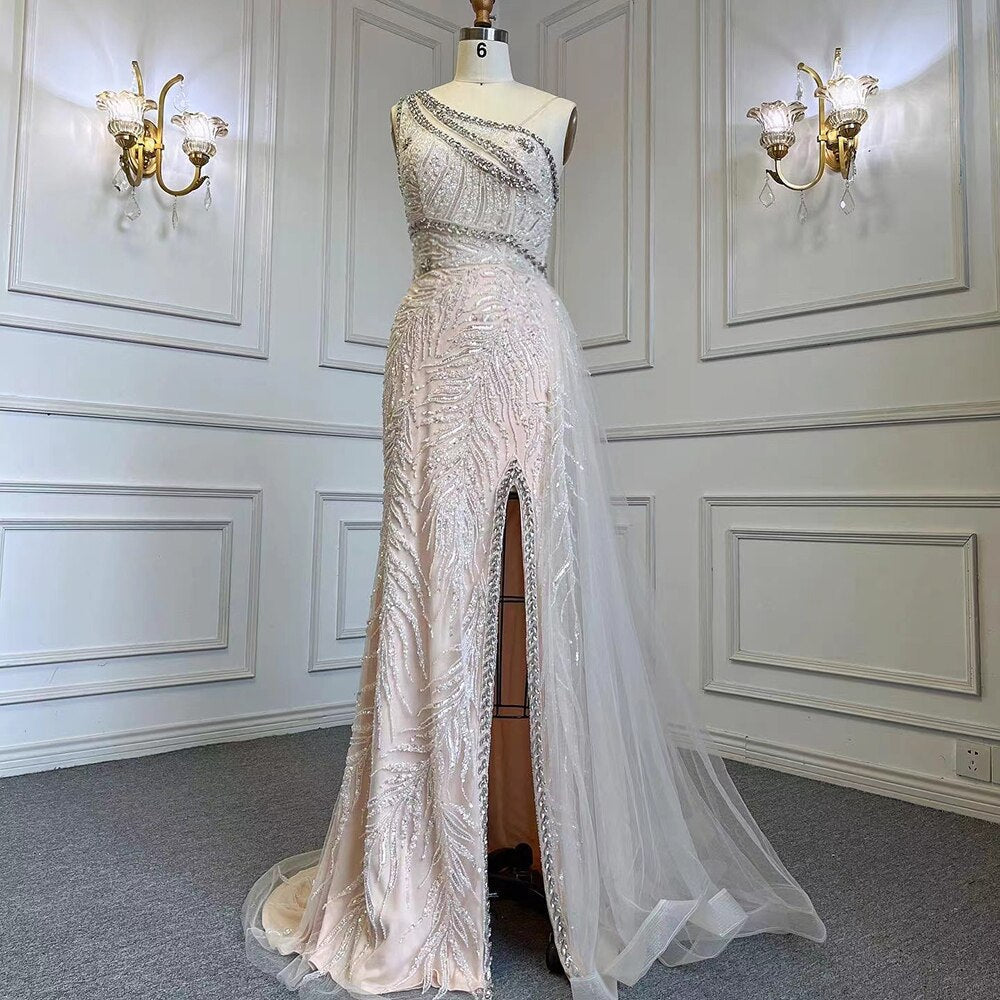 Beige Sexy High Split Elegant Evening Dresses Gowns Mermaid Beaded With Overskirt 2025 For Women Party LA71623