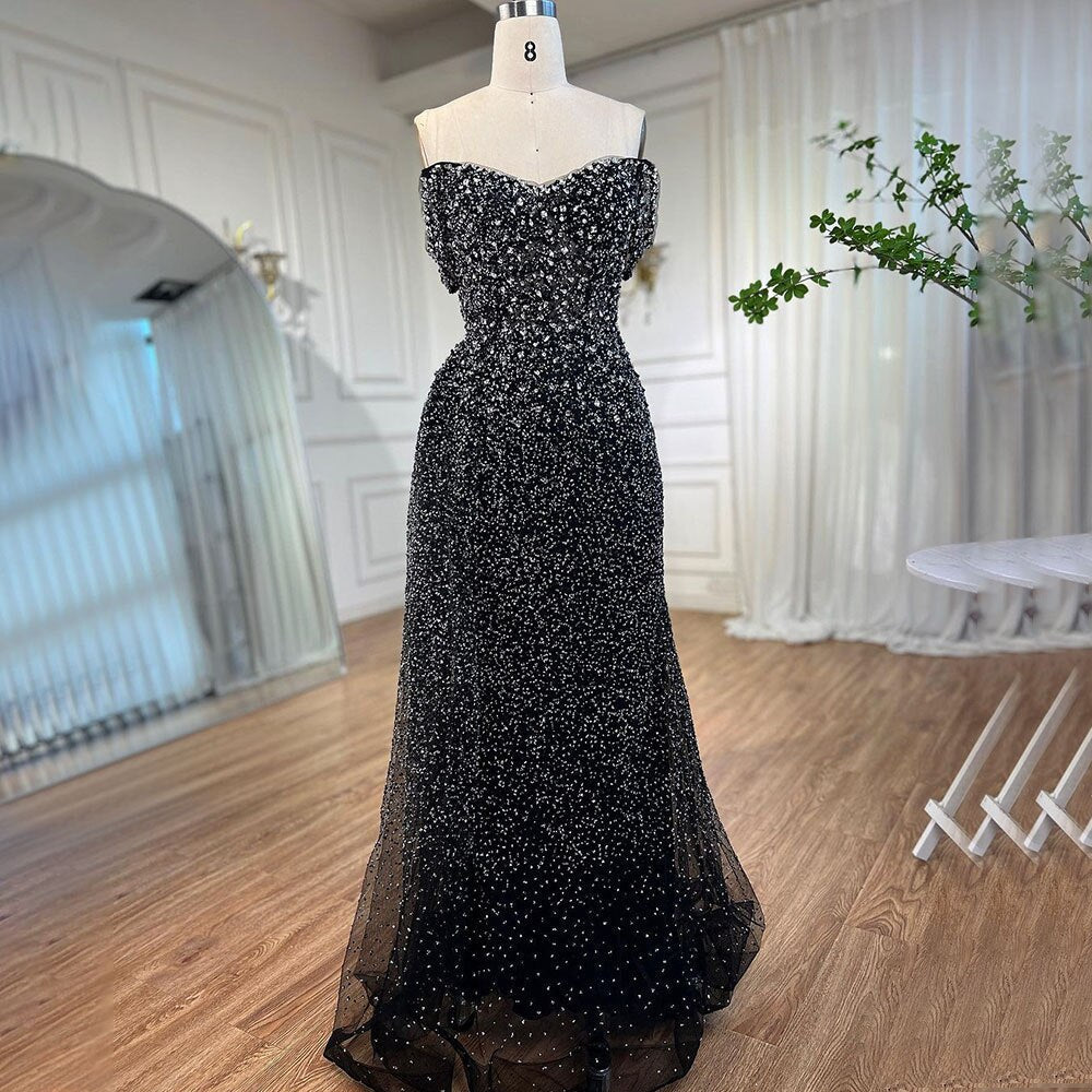 BlacK Mermaid Sexy High Split Crystal Beaded Luxury Evening Dresses Gowns 2025 For Women Wedding Party LA72150