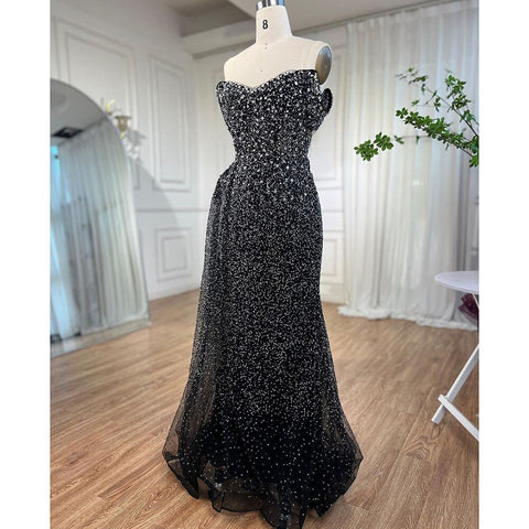 BlacK Mermaid Sexy High Split Crystal Beaded Luxury Evening Dresses Gowns 2025 For Women Wedding Party LA72150