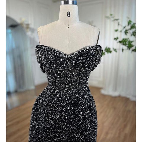 BlacK Mermaid Sexy High Split Crystal Beaded Luxury Evening Dresses Gowns 2025 For Women Wedding Party LA72150