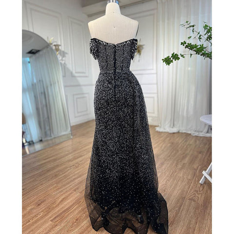 BlacK Mermaid Sexy High Split Crystal Beaded Luxury Evening Dresses Gowns 2025 For Women Wedding Party LA72150