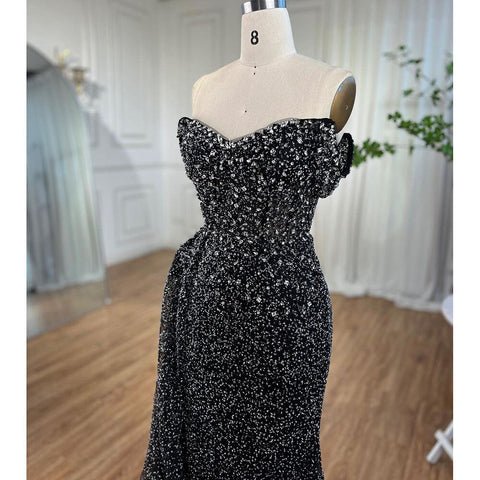 BlacK Mermaid Sexy High Split Crystal Beaded Luxury Evening Dresses Gowns 2025 For Women Wedding Party LA72150
