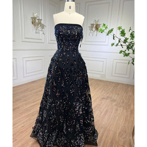 Black A-Line Elegant Evening Dress 2025 Off The Shoulder Luxury Beaded Sequins For Women Party LA72108
