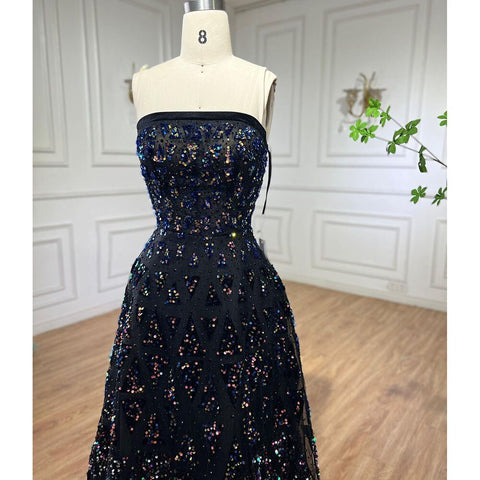 Black A-Line Elegant Evening Dress 2025 Off The Shoulder Luxury Beaded Sequins For Women Party LA72108