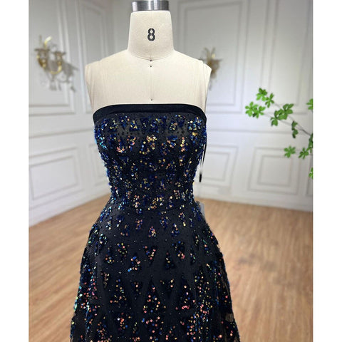 Black A-Line Elegant Evening Dress 2025 Off The Shoulder Luxury Beaded Sequins For Women Party LA72108