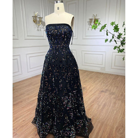 Black A-Line Elegant Evening Dress 2025 Off The Shoulder Luxury Beaded Sequins For Women Party LA72108