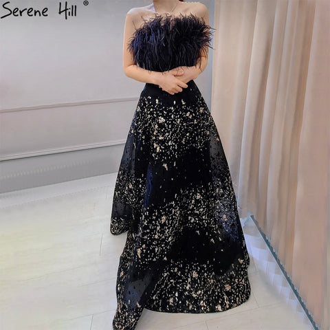 Black A-Line Sexy Evening Dresses Gowns 2025 Feather Beaded Luxury For Women Wedding Party LA71480