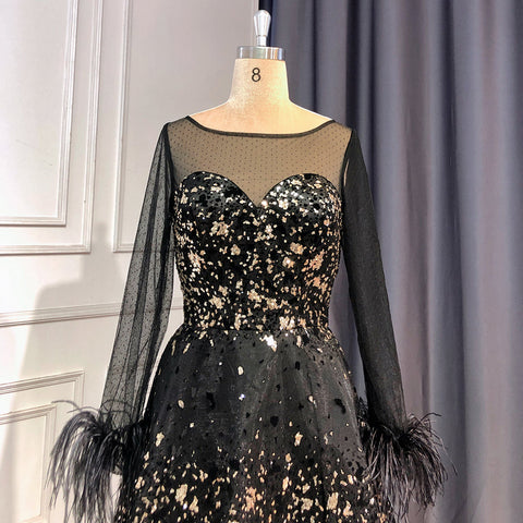 Robe de soirée noire sexy en forme de trapèze, col rond, manches longues, plumes, luxueuse, pour femme, tenue de mariage, LA71480L, 2025