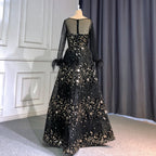 On Sale no return no refund Black A-Line Sexy Evening Dresses Gowns 2025 O-Neck Long Sleeves Feather Luxury For Women Wedding Party LA71480L