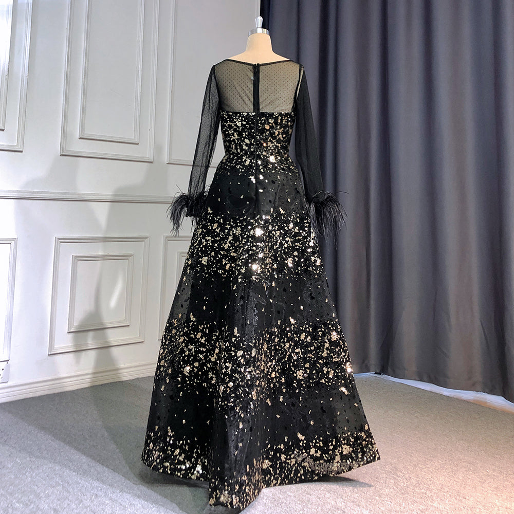 On Sale no return no refund Black A-Line Sexy Evening Dresses Gowns 2025 O-Neck Long Sleeves Feather Luxury For Women Wedding Party LA71480L