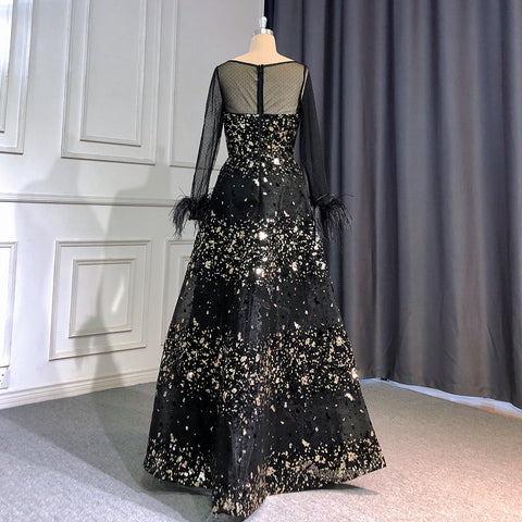 Robe de soirée noire sexy en forme de trapèze, col rond, manches longues, plumes, luxueuse, pour femme, tenue de mariage, LA71480L, 2025