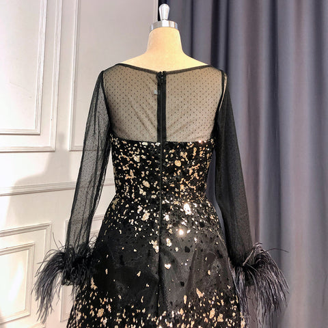 Robe de soirée noire sexy en forme de trapèze, col rond, manches longues, plumes, luxueuse, pour femme, tenue de mariage, LA71480L, 2025
