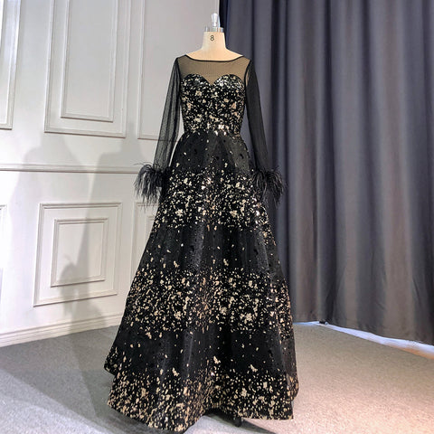 Robe de soirée noire sexy en forme de trapèze, col rond, manches longues, plumes, luxueuse, pour femme, tenue de mariage, LA71480L, 2025