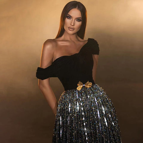 Black A Line Sexy One Shoulder Shiny Beaded Luxury Evening Dresses Gowns For Women Party 2025 LA71826