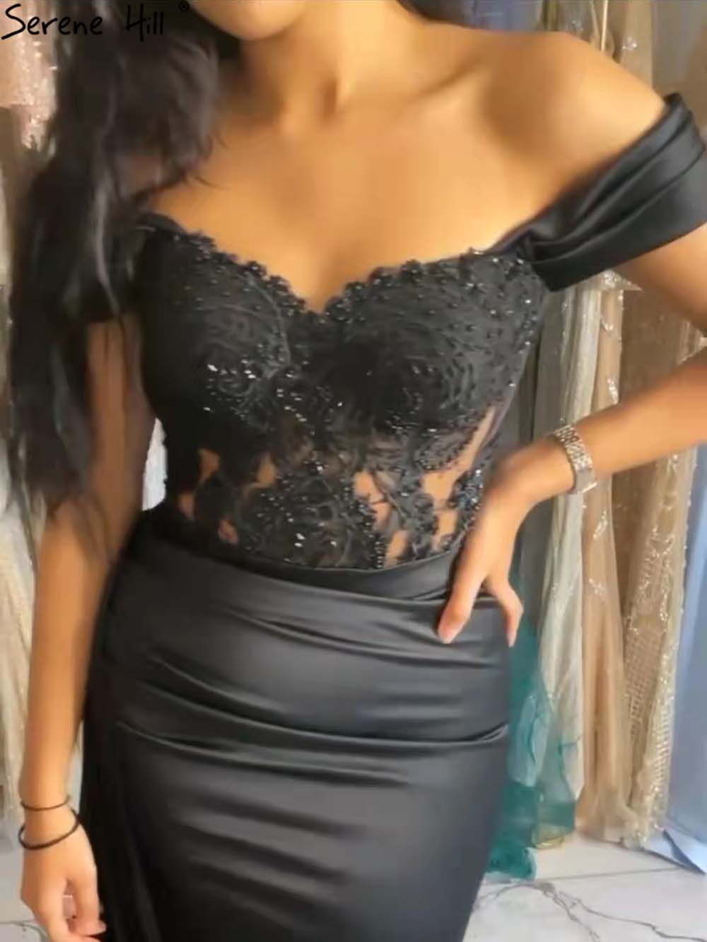Black Beaded High Split Evening Dresses Gowns 2025 Mermaid Elegant Sexy For Women Party LA71461