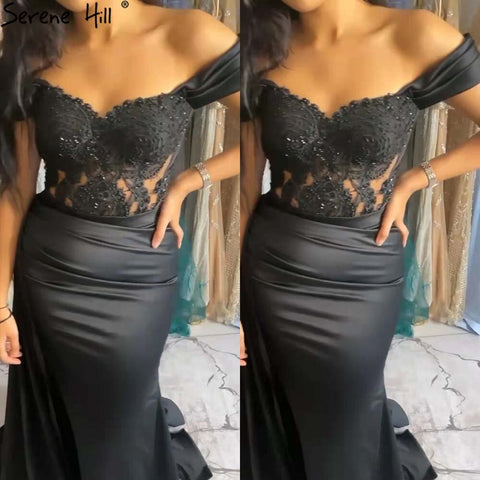 Black Beaded High Split Evening Dresses Gowns 2025 Mermaid Elegant Sexy For Women Party LA71461