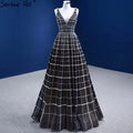 Black Luxury V-Neck Evening Dresses Gowns 2025 A-Line Lace Up For Women Wedding Party HM67405