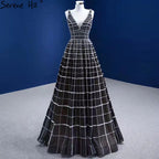 Black Luxury V-Neck Evening Dresses Gowns 2025 A-Line Lace Up For Women Wedding Party HM67405