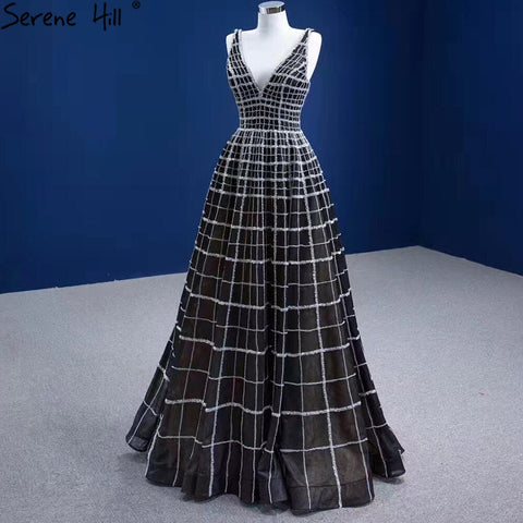 Black Luxury V-Neck Evening Dresses Gowns 2025 A-Line Lace Up For Women Wedding Party HM67405