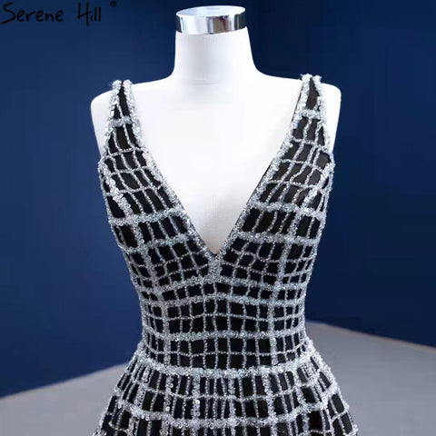 Black Luxury V-Neck Evening Dresses Gowns 2025 A-Line Lace Up For Women Wedding Party HM67405