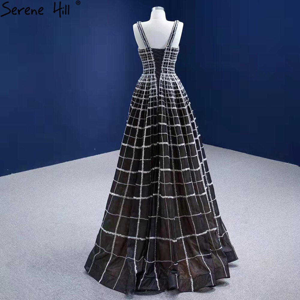 Black Luxury V-Neck Evening Dresses Gowns 2025 A-Line Lace Up For Women Wedding Party HM67405