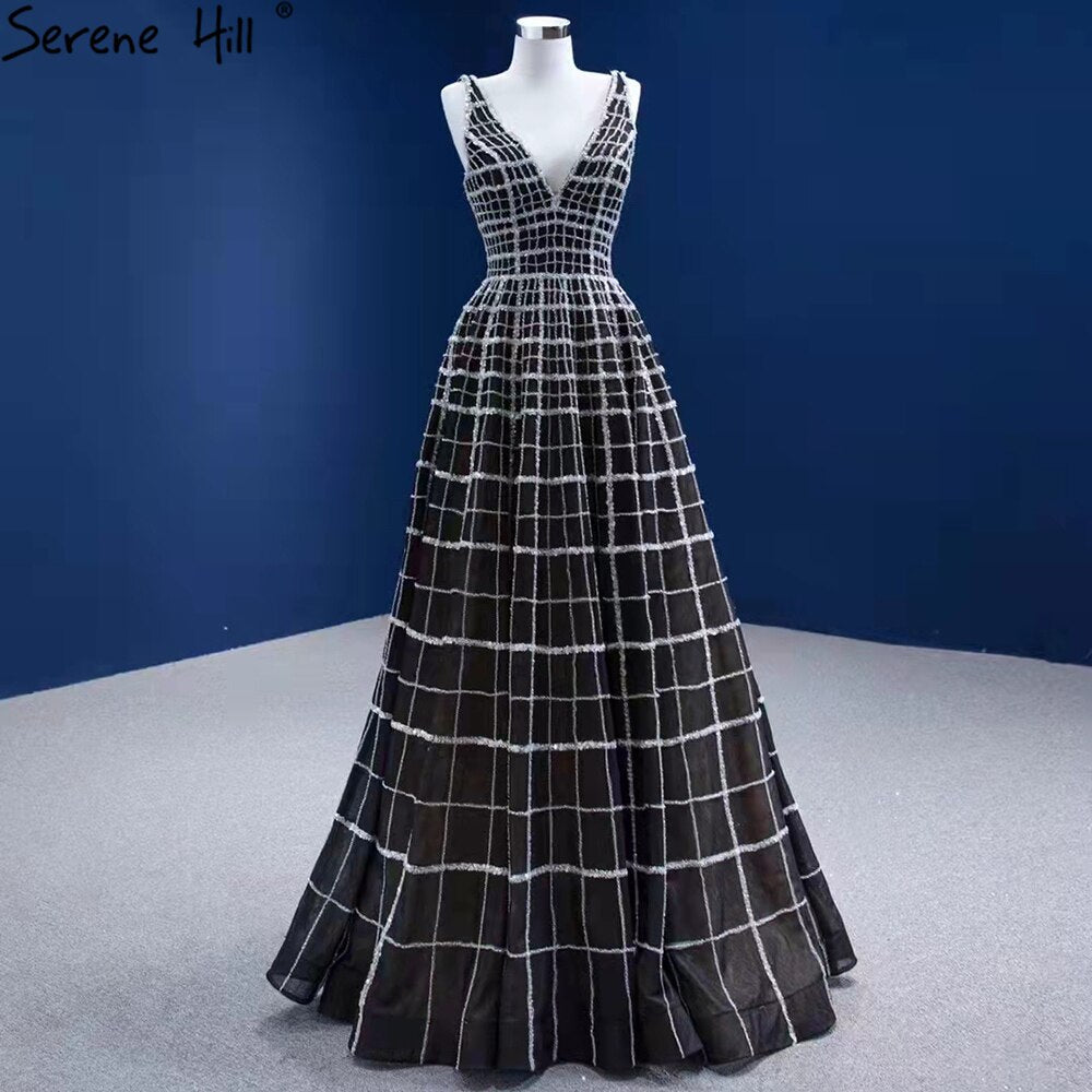 Black Luxury V-Neck Evening Dresses Gowns 2025 A-Line Lace Up For Women Wedding Party HM67405
