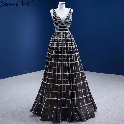 Black Luxury V-Neck Evening Dresses Gowns 2025 A-Line Lace Up For Women Wedding Party HM67405