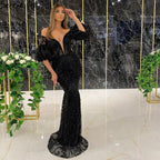 Black Mermaid  Beaded Tassel Evening Dresses Gowns 2025 Elegant Sexy For Women Party LA71204