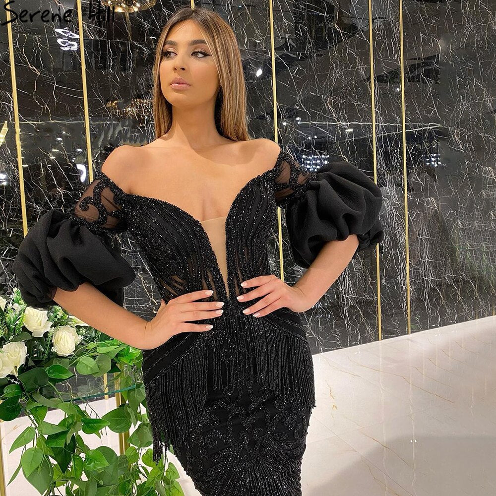 Black Mermaid  Beaded Tassel Evening Dresses Gowns 2025 Elegant Sexy For Women Party LA71204