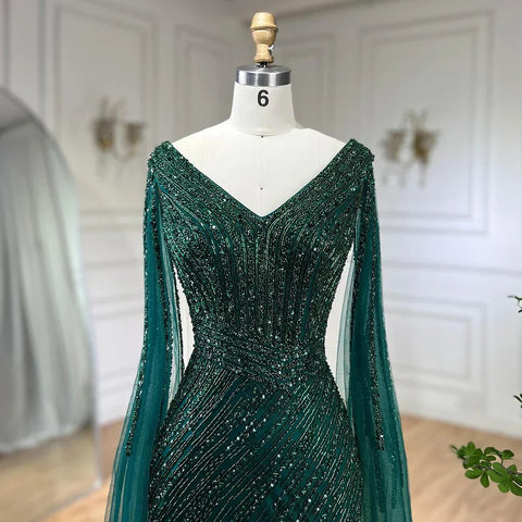 Black Mermaid Cape Sleeves High Split Luxury Beaded Feathers Evening Dresses Gowns 2025 For Women Party LA72216