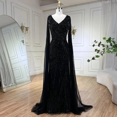 Black Mermaid Cape Sleeves High Split Luxury Beaded Feathers Evening Dresses Gowns 2025 For Women Party LA72216