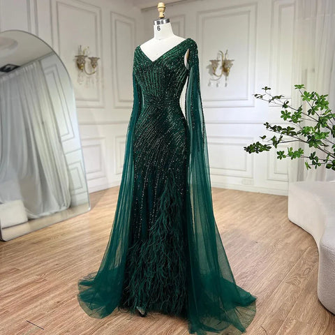 Black Mermaid Cape Sleeves High Split Luxury Beaded Feathers Evening Dresses Gowns 2025 For Women Party LA72216