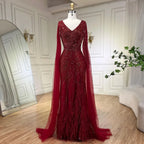 Black Mermaid Cape Sleeves High Split Luxury Beaded Feathers Evening Dresses Gowns 2025 For Women Party LA72216