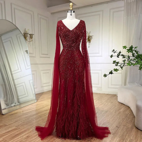 Black Mermaid Cape Sleeves High Split Luxury Beaded Feathers Evening Dresses Gowns 2025 For Women Party LA72216