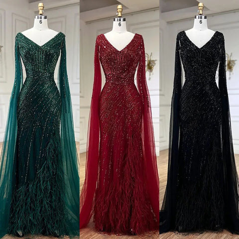 Black Mermaid Cape Sleeves High Split Luxury Beaded Feathers Evening Dresses Gowns 2025 For Women Party LA72216