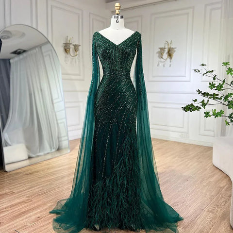 Black Mermaid Cape Sleeves High Split Luxury Beaded Feathers Evening Dresses Gowns 2025 For Women Party LA72216