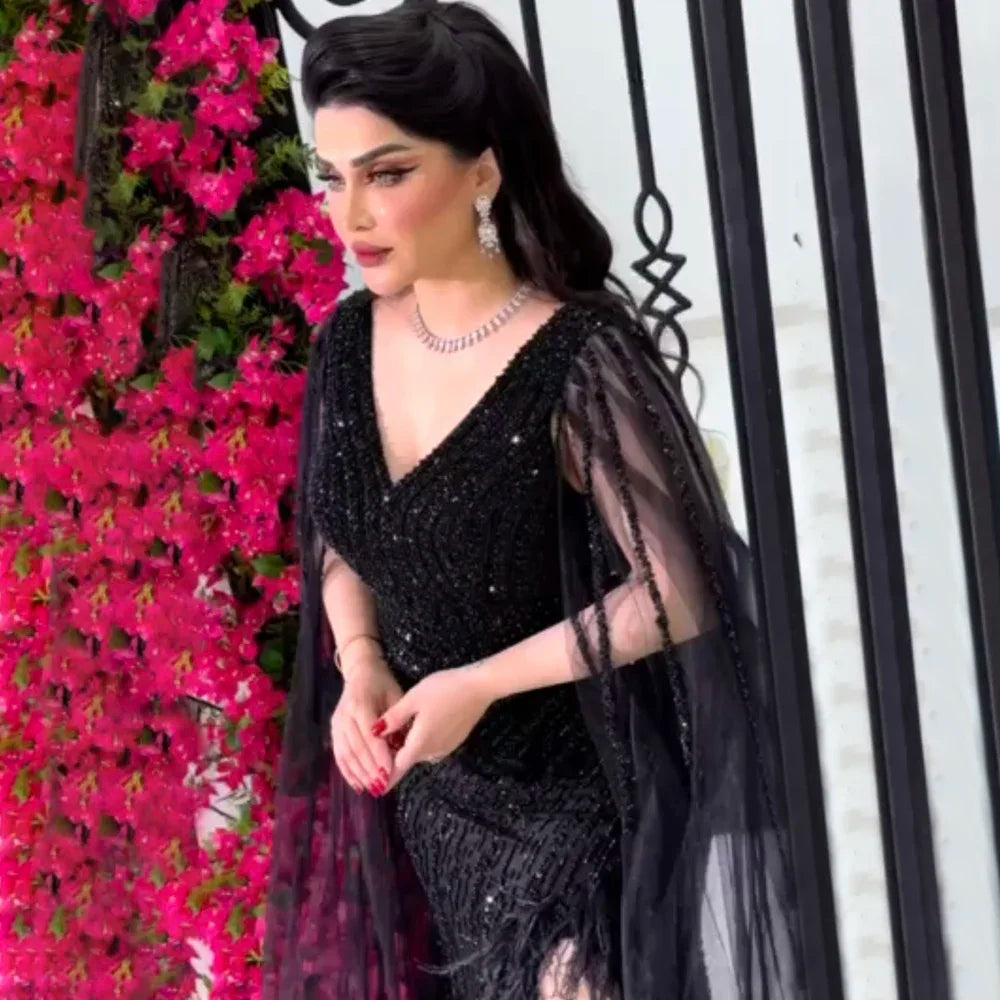 Black Mermaid Cape Sleeves Sexy High Split Luxury Beaded Feathers Evening Dresses Gowns 2025 For Women Party LA72231