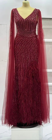 Black Mermaid Cape Sleeves Sexy High Split Luxury Beaded Feathers Evening Dresses Gowns 2025 For Women Party LA72231