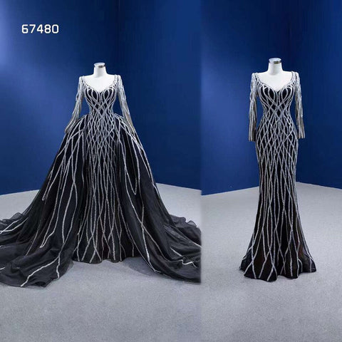 Black Mermaid Detachable Skirt Sparkle Sequins Beaded Bride Gowns Wedding Dress High End Custom Made HM67480