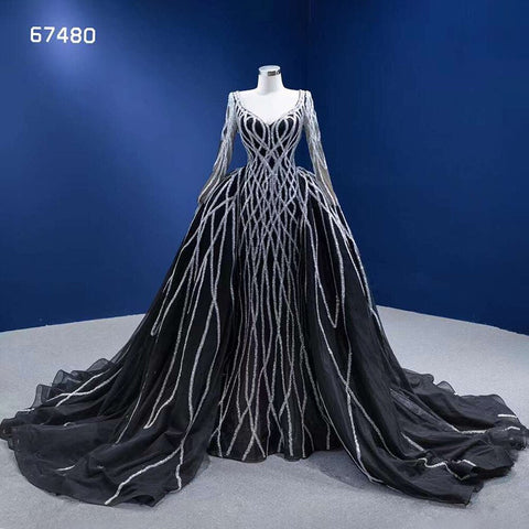 Black Mermaid Detachable Skirt Sparkle Sequins Beaded Bride Gowns Wedding Dress High End Custom Made HM67480