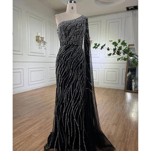 Black Mermaid Elegant Cape Sleeves Beaded Luxury Evening Dresses Gowns For Women Arabic Party 2025 LA72112