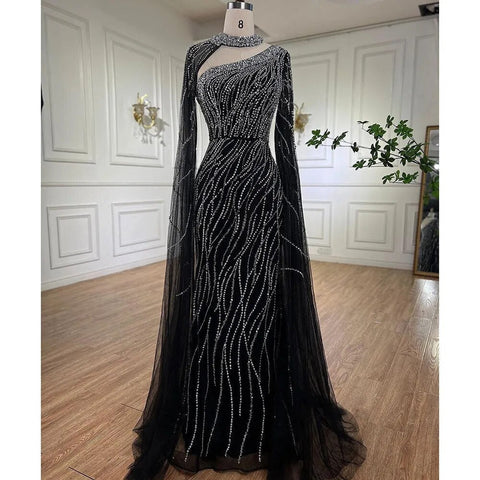 Black Mermaid Elegant Cape Sleeves Beaded Luxury Evening Dresses Gowns For Women Arabic Party 2025 LA72112